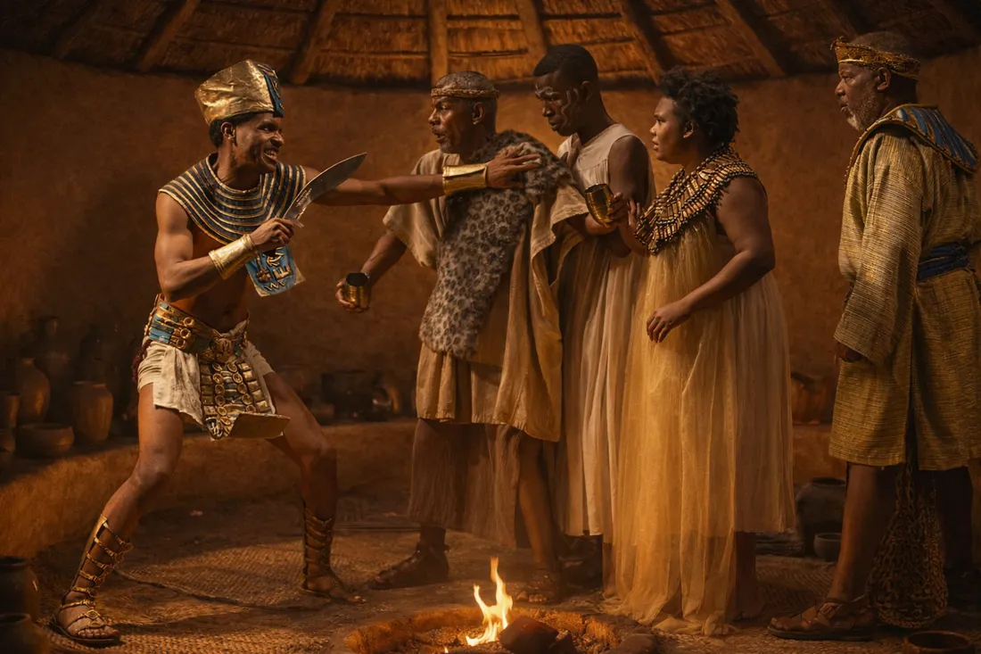 A firelit thatched dwelling: a man in a gold headdress lunges with a drawn knife toward a family gathered by the central fire