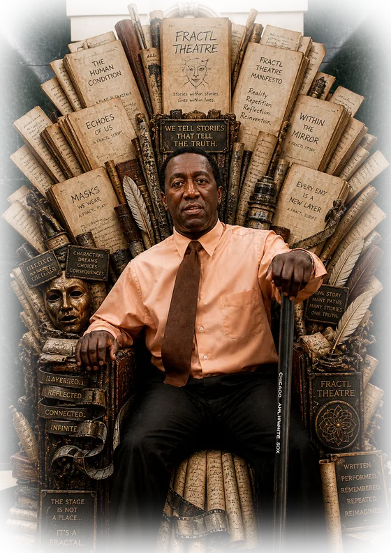 Edgar Chisholm seated centerstage on a throne built of scripts, the Fractl Theatre crest at his side