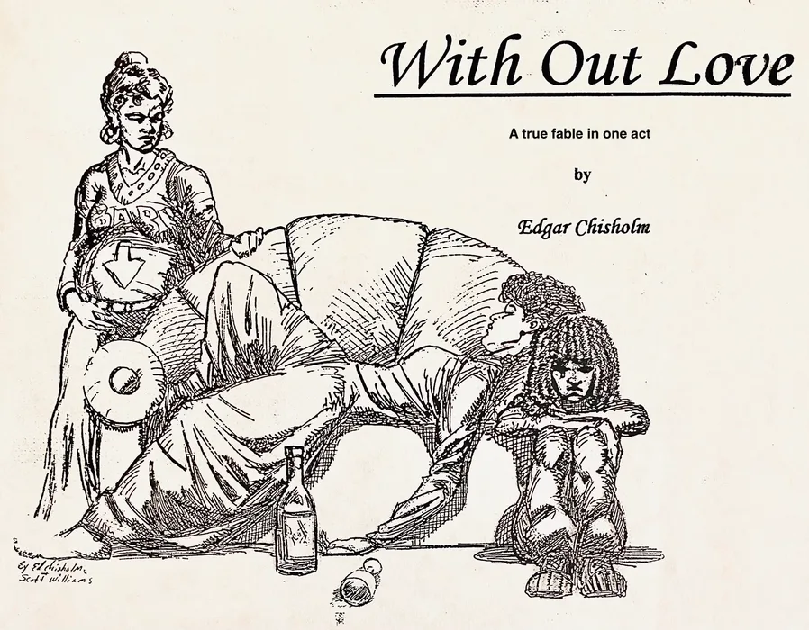 Without Love — pen-and-ink title page: a pregnant woman seated with arms crossed, a reclining figure, and a child crouched apart, a bottle between them