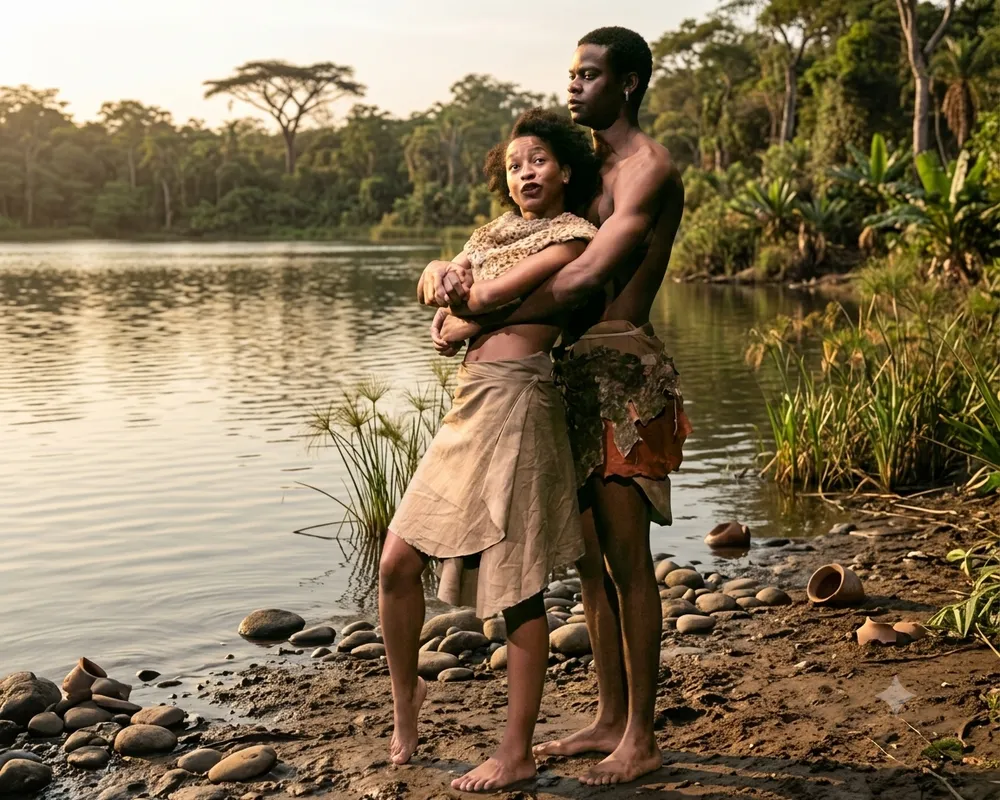 Chipo and Takura at a river's edge at dusk, he standing behind her with arms crossed over her chest