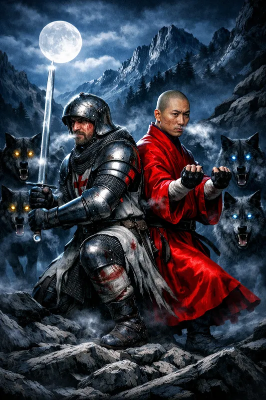 A crusader knight with a glowing sword and a red-robed monk stand back to back on a moonlit mountainside, surrounded by wolves with glowing eyes